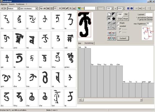 圖三：IndoSkript軟件界面，以婆羅米文“ku”字為例，辨認結果首推為“tra”和“ta”，辨認功能尚待提升。不過參考數據庫，以人眼辨認，軟件還是有參考價值。